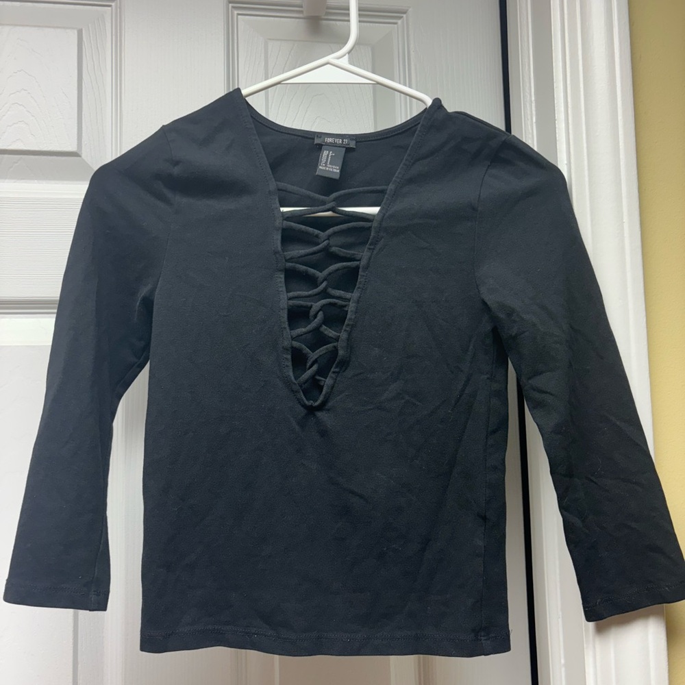 Forever 21 Black Long Sleeve Lace-Up Front Top - Size Small